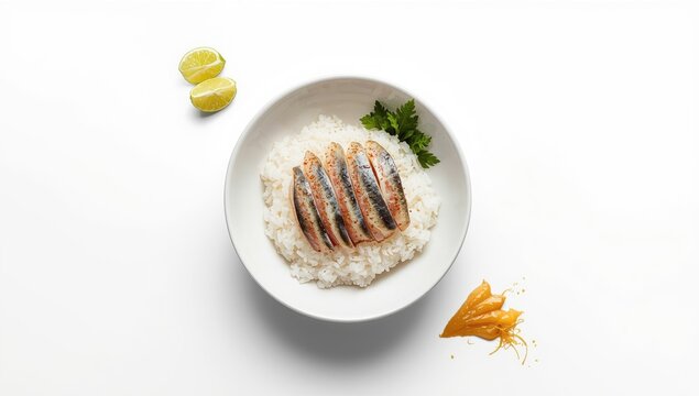 Japanese cuisine, vinegared mackerel atop sushi rice, emphasizing protein-rich meal options