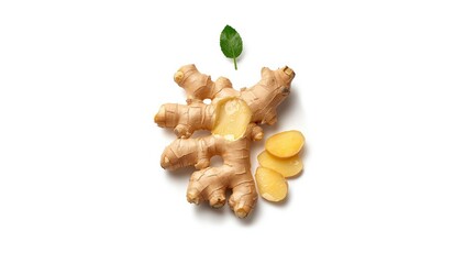 Fresh ginger root and slices on a white surface highlighting natural ingredients, food and drink
