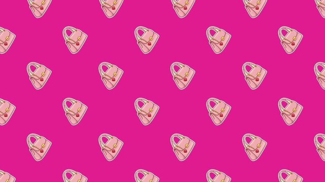 Trendy pink purse illustrations moving gracefully in a diagonal pattern against a bold pink backdrop. This elegant fashion-themed background loop is ideal for luxury brand advertisements