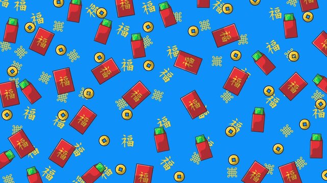 Displays scattered red envelopes, coins, and chinese blessing symbols on blue. Suitable for chinese new year or financial concepts. Festive and auspicious design.