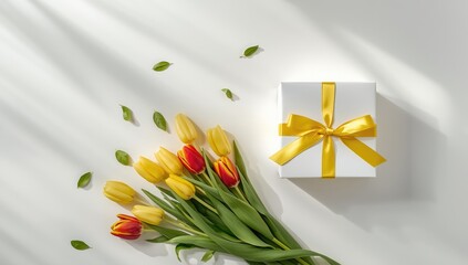 Flat lay of a white gift box with yellow ribbon near a bouquet of yellow and red tulips on white, designed for greeting cards for Mother or Woman Day, spring celebration