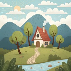 Simple Nature Landscape Illustration with House and Trees
