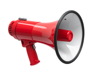 Modern Red Loudhailer with Control Button, Angled Perspective, Announcement Concept, Isolated.
