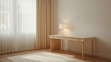 Minimalist desk with a lamp in an indoor setting, optimized for productivity and task lighting, workspace organization