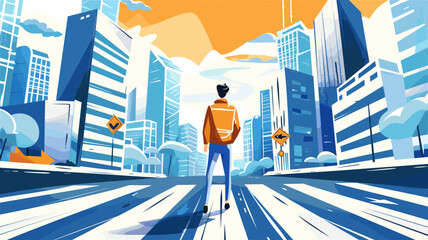 都市の交差点に立つ人物のイラスト