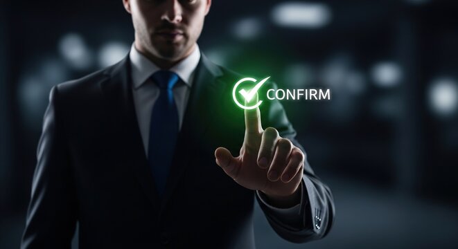 Professional man in a suit touching a glowing green virtual 'CONFIRM' button with a checkmark, symbolizing approval or completion. - Powered by Adobe