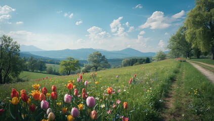Springtime meadow scene in Zollikon, Zurich featuring vibrant greenery and wildflowers, ideal for environmental education or outdoor activities, Earth Day