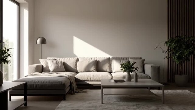 Contemporary living room with a cozy L-shaped sofa, elegant coffee table, and warm sunlight creating a serene atmosphere.