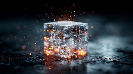 Glowing transparent cube with particles and digital textures on a dark surface