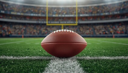 American football on a first down line during a game, highlighting game setup, sports strategy, Earth Day