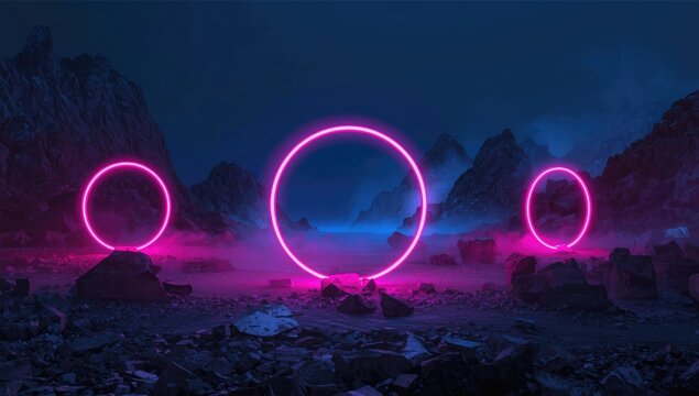 Neon light frames set against a mountain environment, suitable for UI or editorial headers
