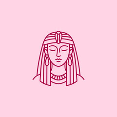 Minimal Egyptian queen portrait icon in elegant pink line art vector style