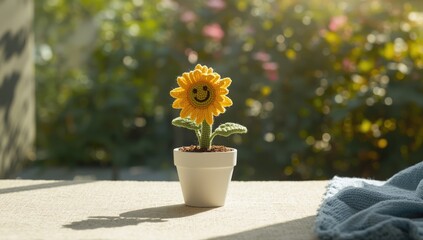 Crocheted sunflower toy in a pot, artisanal techniques and bright appearance