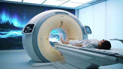A gender-neutral patient in a hospital gown undergoes a high-precision scan in a pristine, ultramodern medical imaging suite with a futuristic machine emitting luminous blue light, an LED screen - Powered by Adobe