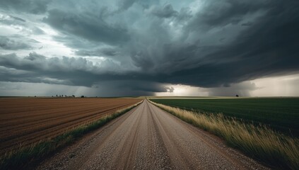 Unpaved rural pathway crossing expansive farmland beneath approaching storm clouds, highlighting weather resilience