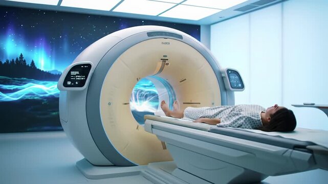 A gender-neutral patient in a hospital gown undergoes a high-precision scan in a pristine, ultramodern medical imaging suite with a futuristic machine emitting luminous blue light, an LED screen