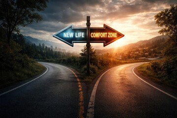 Fanciful visualization of a road split with arrows guiding toward two distinct life directions representing choice