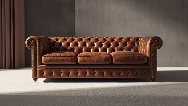 Retro chesterfield sofa featuring brown capitone textile, used as a background for interior design layout