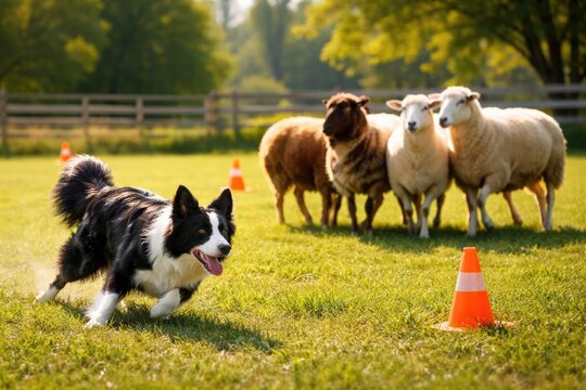 Delightful pet Border Collie training herding techniques on a sunny grassy area