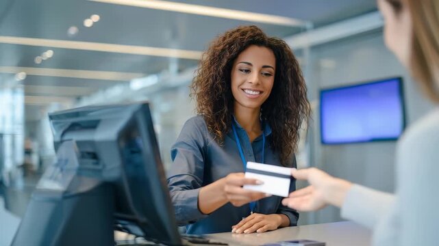 A cheerful receptionist greets a visitor at a contemporary office reception area, emphasizing hospitality and professionalism. The environment is modern, clean, and inviting