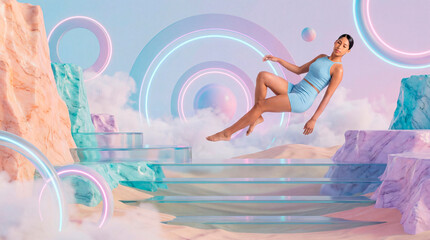 Floating athletic woman above glass walkway surrounded by neon circular lights