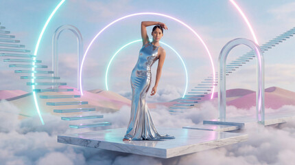 Architectural scene with a woman posing on marble platform between floating glass staircases