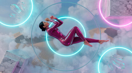 Woman curled inside transparent glass sphere surrounded by neon light circles
