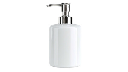 Obraz premium Glossy white ceramic dispenser with a chrome pump, positioned against a dark background