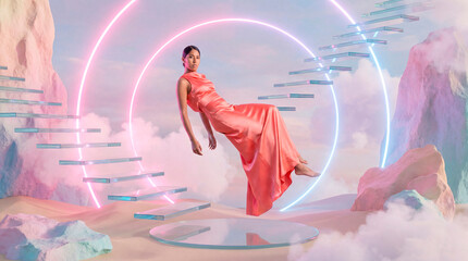 Woman floating beside glass staircase within neon light rings