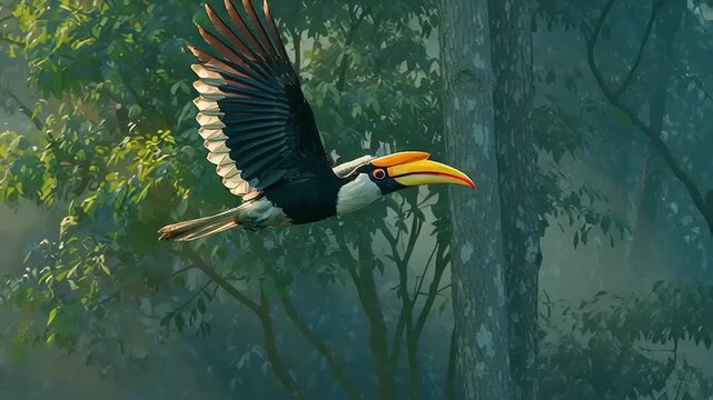 A majestic hornbill in flight soars through the forest, its vibrant beak leading the way