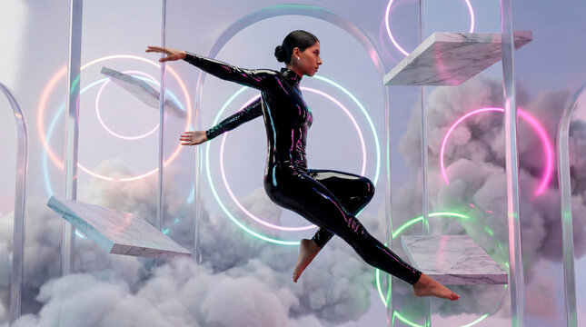 Neon light architecture framing a woman jumping between glass platforms