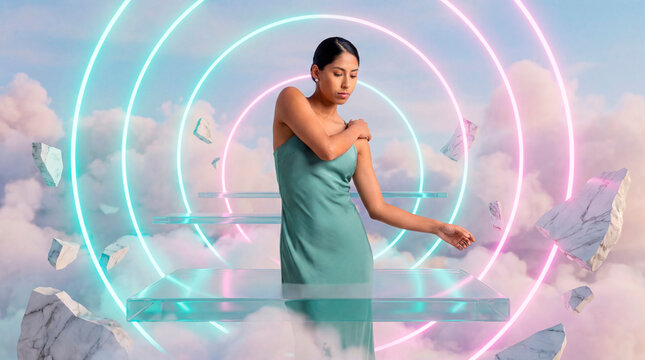 Studio portrait of woman standing on glass platforms surrounded by neon light rings