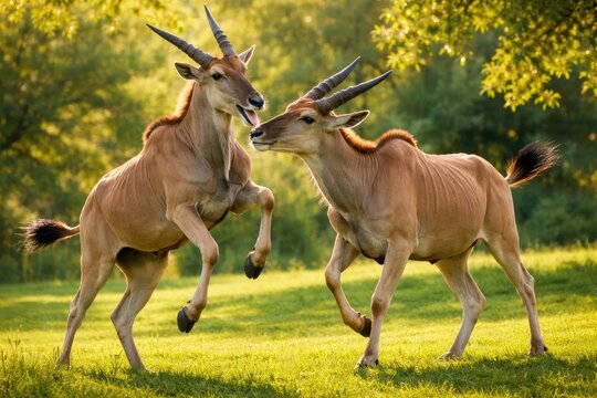 A lively eland antelope interacting playfully on a bright lawn under a warm summer sun