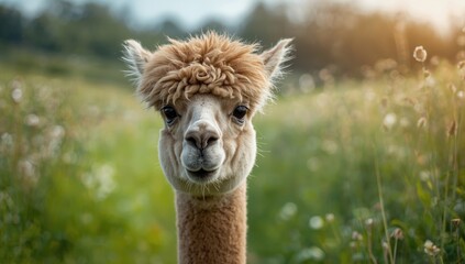 Obraz premium Light brown Alpaca strolling through a grassy summer landscape, emphasizing animal activity and seasonal environment