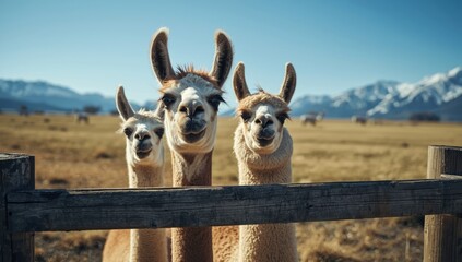 Obraz premium Llamas standing near a fence with a mountainous backdrop, their facial details, farm setting