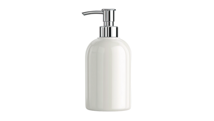 Elegant white ceramic dispenser with shiny chrome pump, ready to dispense liquid soap