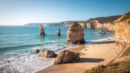 Obraz premium Seaside with scattered rocks and surf, ideal for use as a background in travel or environmental layouts