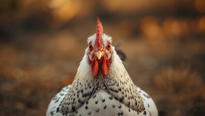 White rooster with black speckles and a red comb resting calmly against a warm backdrop, highlighting poultry diversity and visual traits