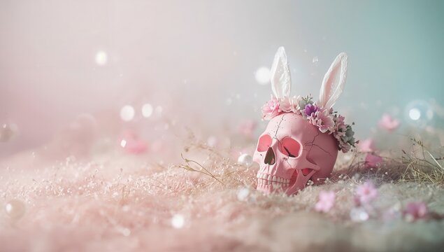 Colorful skull adorned with bunny ears and floral crown used for festive display