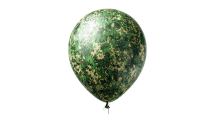 A single, round, camo-patterned balloon floating against a black background