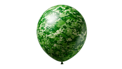 Glossy spherical party item with a green and white camouflage pattern, suspended against black