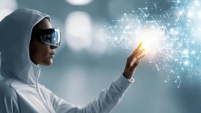 A young woman wearing VR goggles touches a glowing digital interface, surrounded by abstract holographic elements. The scene represents cutting edge virtual reality and digital transformation trends