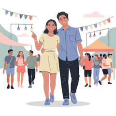 Fototapeta premium A happy couple enjoys a lively outdoor market event, exploring and pointing at attractions