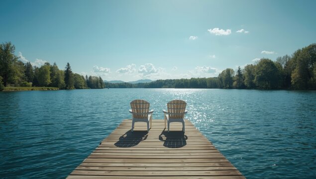 Two white chairs on a wooden dock overlooking a calm lake under a sunny sky, suitable for outdoor leisure activities