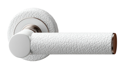 Close-up of a white textured door handle with metallic accents against a black background