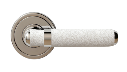 Modern door handle featuring a silver finish, textured white grip, and circular backplate