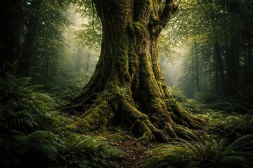 Fototapeta premium Full length view of a mossy tree standing within vibrant green forest plants
