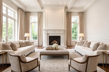 Fototapeta premium Refined living room with hardwood floors plush couches tall fireplace surround and armchairs in a luxury home with copyspace for text