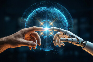 Human hand touching robotic finger with glowing digital globe, symbolizing artificial intelligence collaboration, future technology connection and global innovation concept.