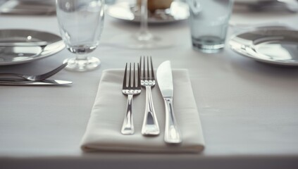 Fine dining table arrangement featuring cutlery on a styled menu backdrop, ideal for editorial layouts